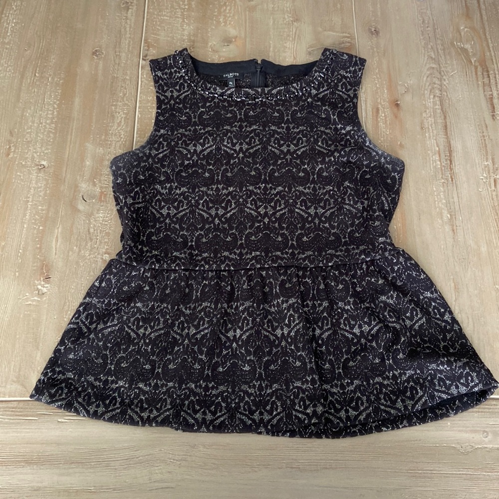Talbots Jeweled Neckline Sleeveless Peplum Top - Black/Silver - MP - Like New